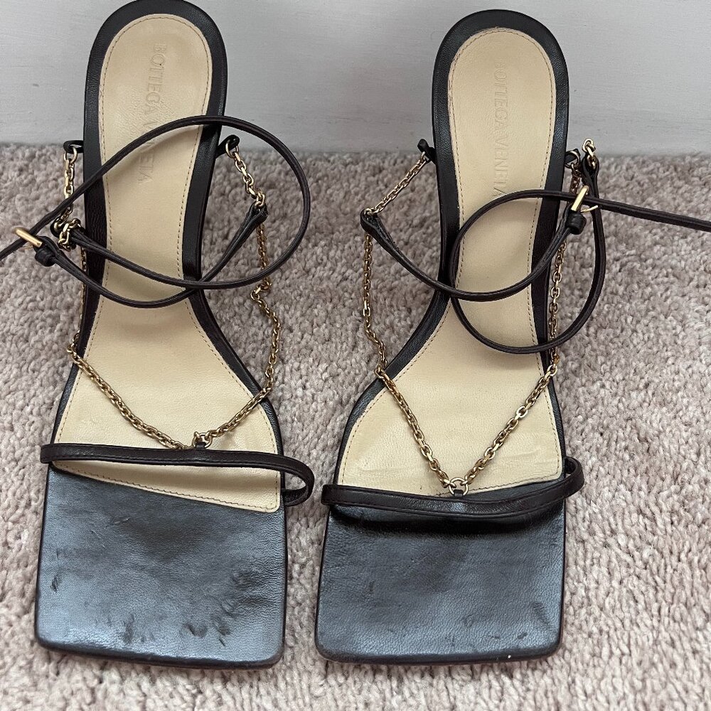 Bottega Veneta Women's Brown Square Toe Chain Strap High Heel Sandals